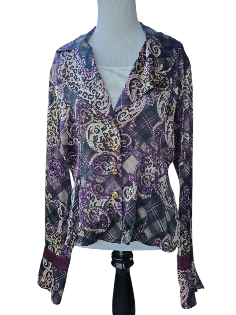 St. John Collection Purple Paisley Plaid Cheetah Satiny Stretch Blouse Size M